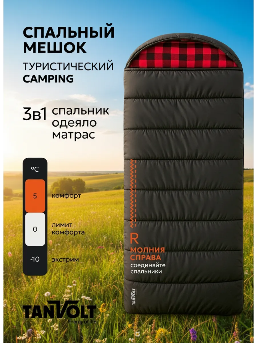 Спальный мешок туристический молния справа широкий 90см