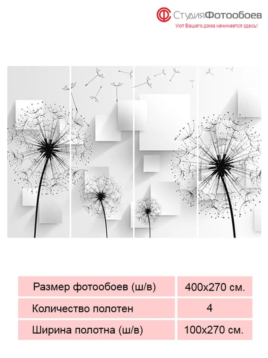 Силуэты одуванчиков400х270, 4 полотна СтудияФотообоев 131697989 купить за 7  838 ₽ в интернет-магазине Wildberries