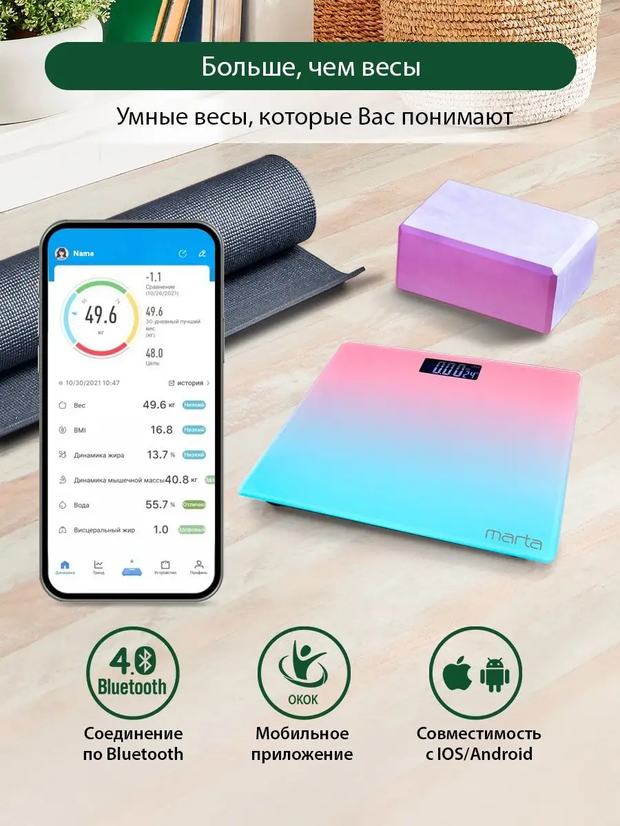 Весы напольные умные с Bluetooth для веса, 25х21 Marta 132149949 купить за  430 ₽ в интернет-магазине Wildberries