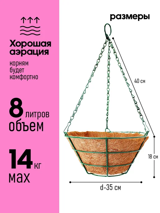 Garden Show Кашпо подвесное с вкладышем из коковиты, d35 см, черный, фото 3