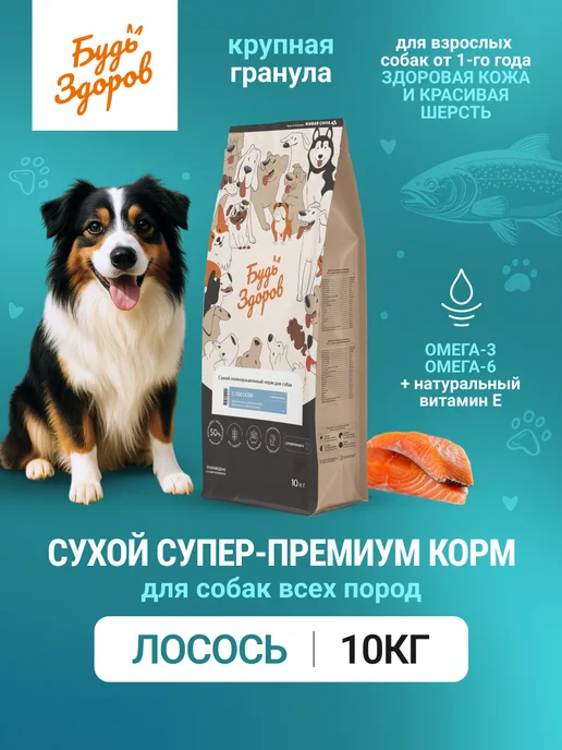 Сухой корм Будь здоров для собак, лосось, 10 кг