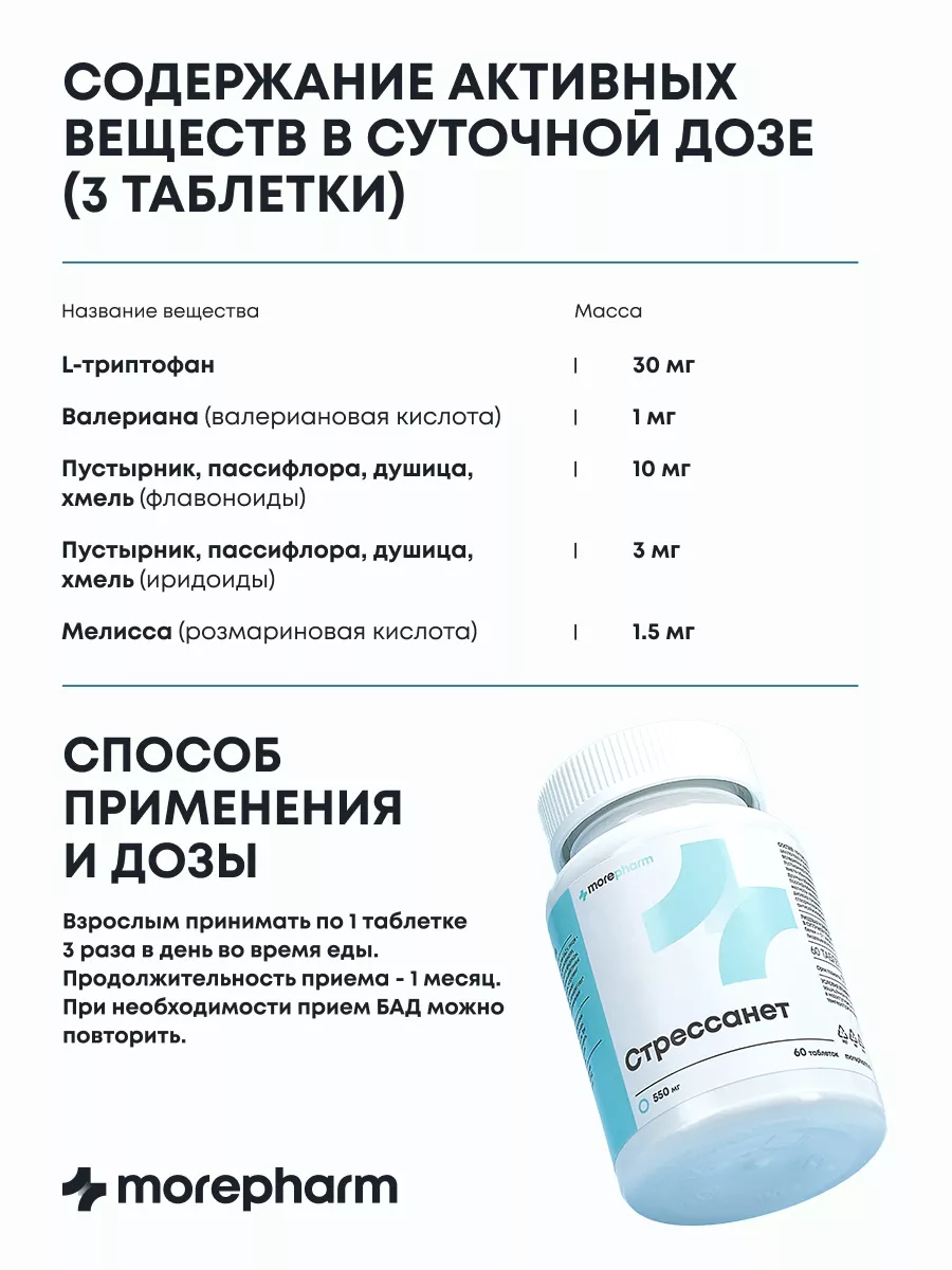 Стресса нет (триптофан, пустырник, валериана) успокоительное morepharm  133497590 купить за 447 ₽ в интернет-магазине Wildberries