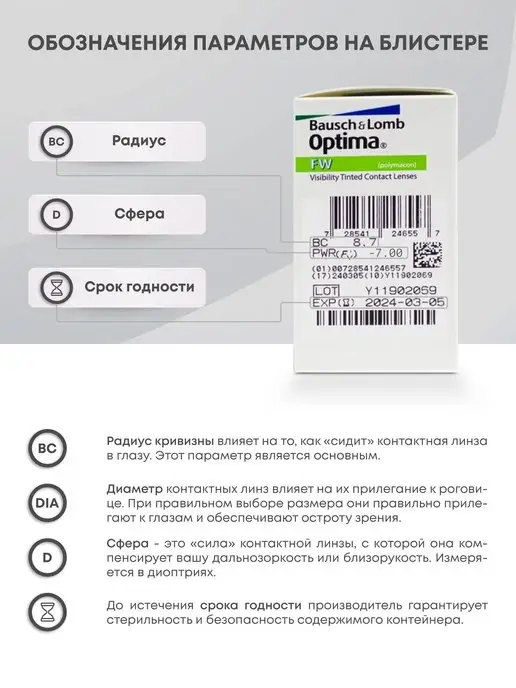 Bausch+Lomb Линзы квартальные Optima FW -7.00, вариант, фото 3