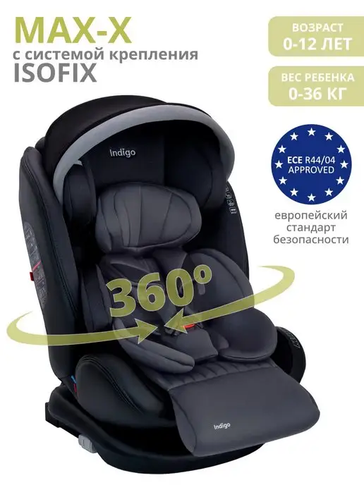 Indigo Автокресло MAX-X Isofix растущее поворотное 0-36 кг