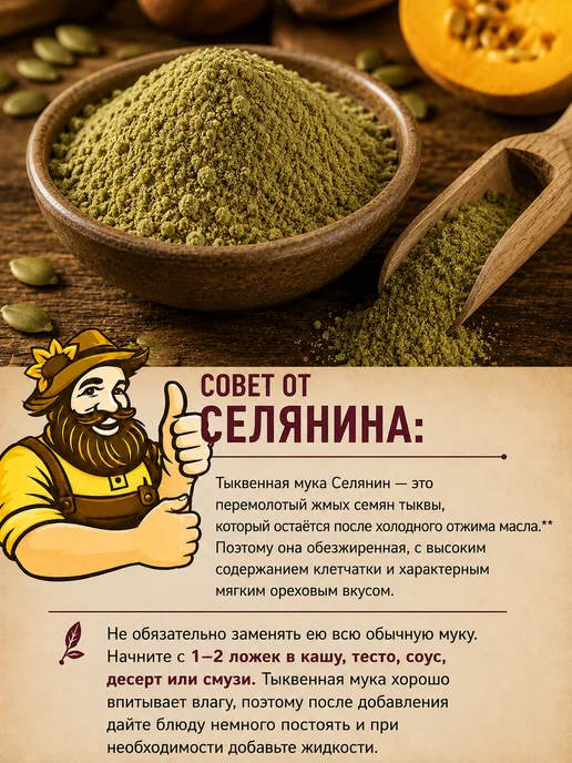 СЕЛЯНИН Тыквенная мука 500 гр обезжиренная Семена тыквы молотые, 500 г, фото 5