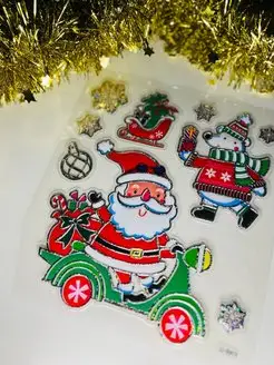 Новогодние наклейки на окна дед мороз BLIN_SHOP. Цвет охотничий зеленый. Вид 2.