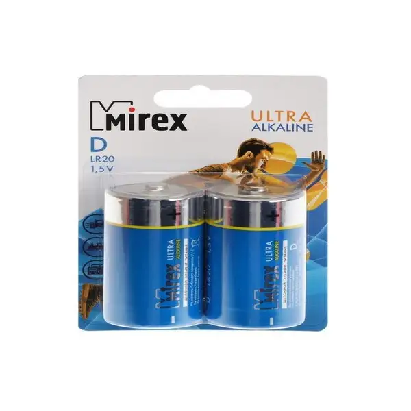 Батарейка алкалиновая Mirex, D, LR20-2BL, 1.5В, 2 шт.