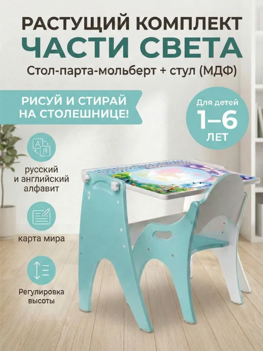 Tech kids Растущий стул и стол (парта) и доска для рисования, голубой