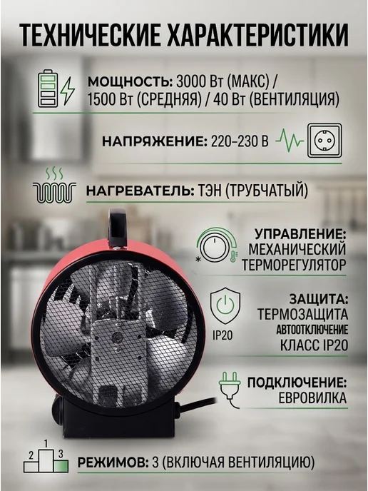 РЕСАНТА Пушка тепловая электрическая для дома ТЭП-3000К, ТЭП-3000К, фото 5