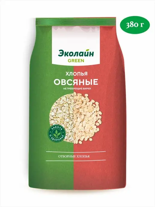 Эколайн GREEN овсяные хлопья не требующие варки 380 грамм, зеленый