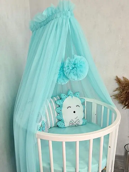 Indi Princess Балдахин на кроватку для новорожденного с помпонами, зеленый, фото 7