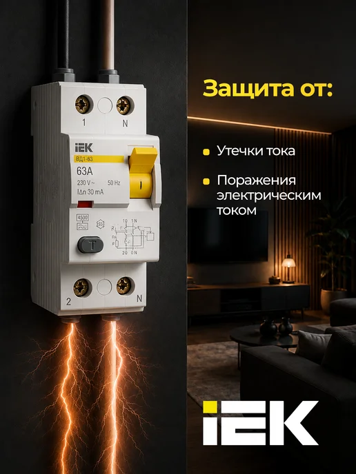 Iek Выключатель дифференциальный (УЗО) ВД1-63 2Р 63А 30мА, белый, фото 2