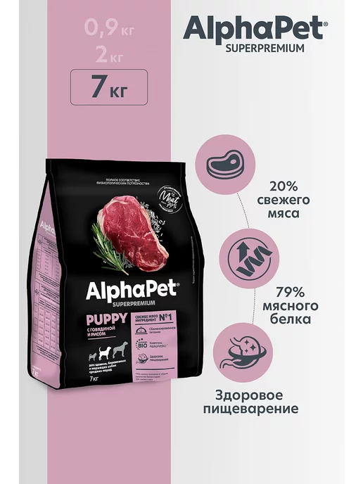 Сухой корм AlphaPet Superpremium для собак, средние, щенки, говядина, 7 кг