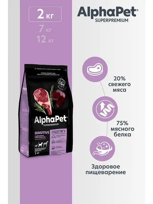 Сухой корм AlphaPet Superpremium Потрошки для собак, средние, ягненок, 2 кг