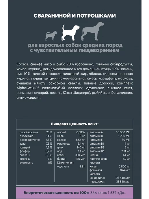 Сухой корм AlphaPet Superpremium Потрошки для собак, средние, ягненок, 2 кг, фото 3