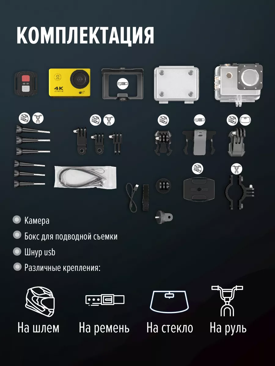 Водонепроницаемая экшн камера 4к с креплениями гоу про Electerra 135983726  купить за 4 832 ₽ в интернет-магазине Wildberries