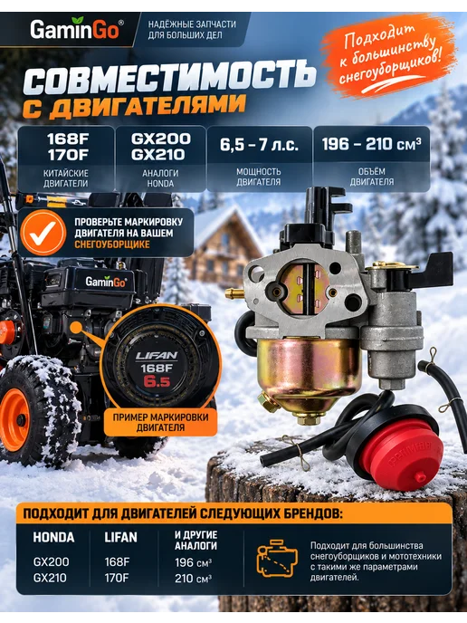 GaminGo Карбюратор для снегоуборщика с двигателем 168F, вариант, фото 2