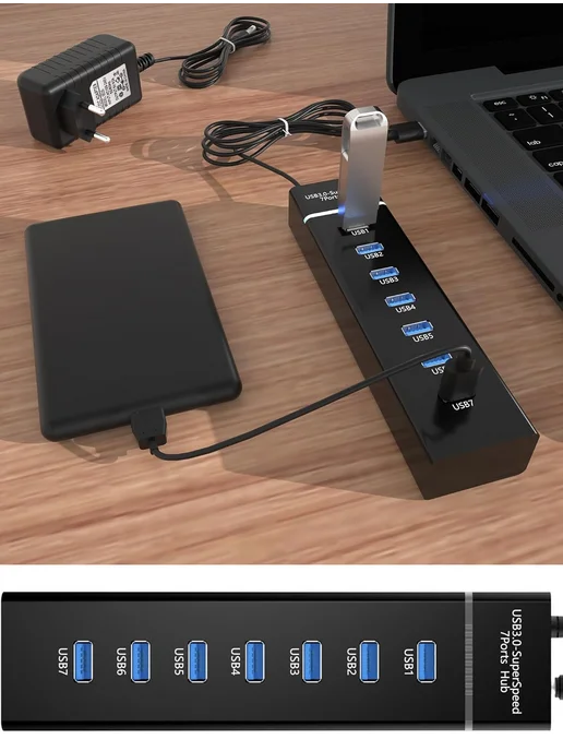 KS-is USB HUB 7xUSB 2.0 F в USB 3.0 M c блоком питания, 1.2 м, 1,2 м, фото 3