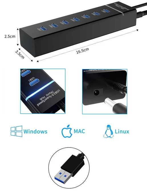 KS-is USB HUB 7xUSB 2.0 F в USB 3.0 M c блоком питания, 1.2 м, 1,2 м, фото 4