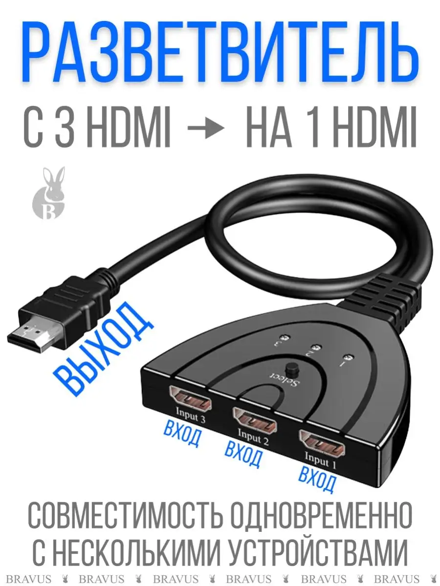 Разветвитель HDMI кабель на 3 гнезда HDMI переходник 40 см Bravus 136549357  купить за 416 ₽ в интернет-магазине Wildberries