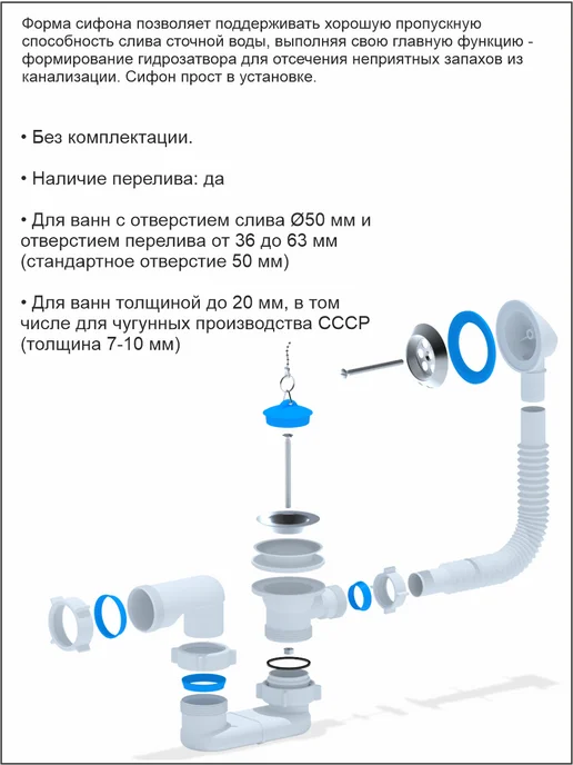 АНИ Пласт Сифон для ванны плоский с выпуском и переливом Е050, белый, фото 2