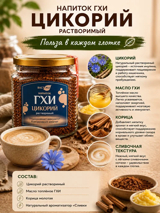 Вастэко Цикорий растворимый с маслом ГХИ 160 г Напиток без кофеина, 160 г, фото 5