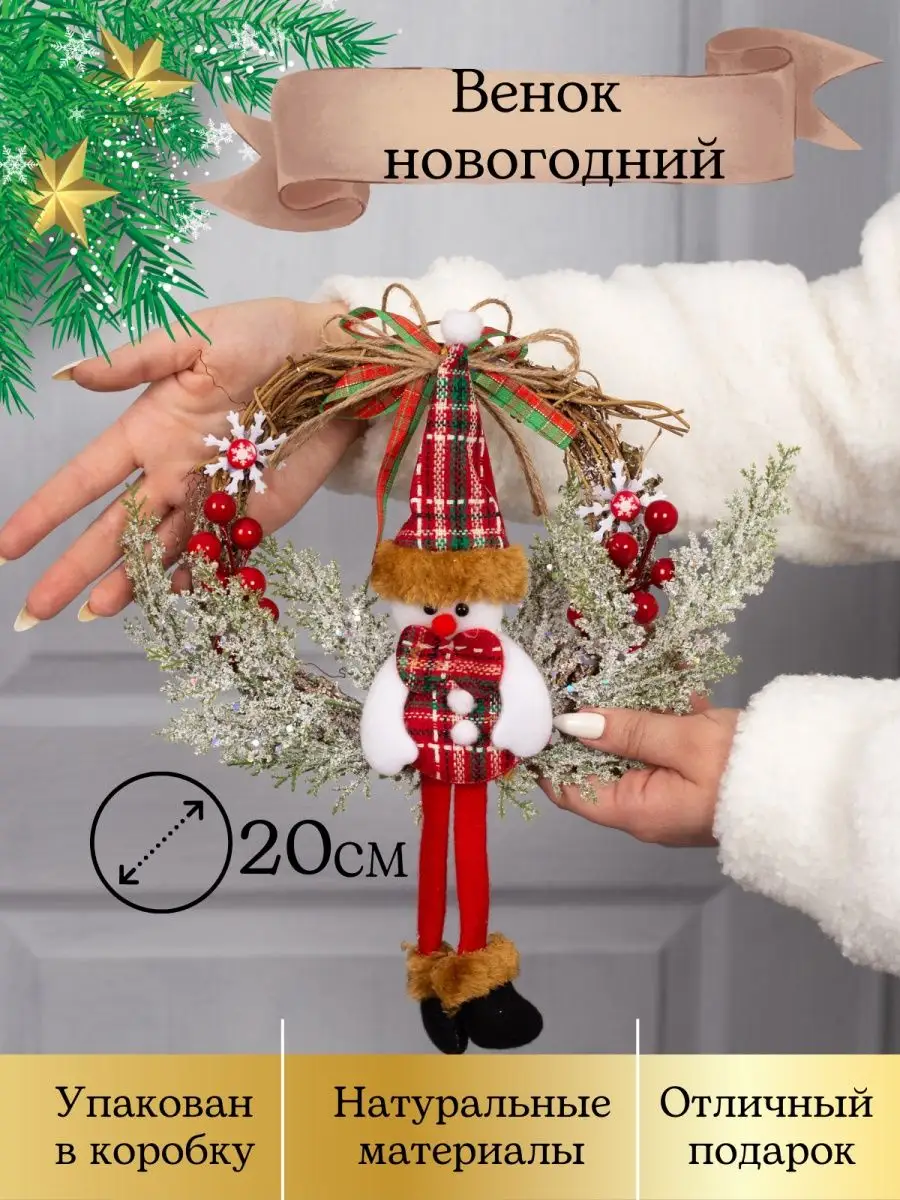 Новогодний венок на дверь с игрушкой Снеговик 20 см