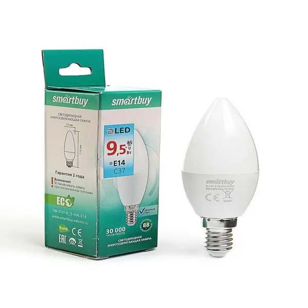 Лампа светодиодная Smartbuy, C37, Е14, 9.5 Вт, 4000 К