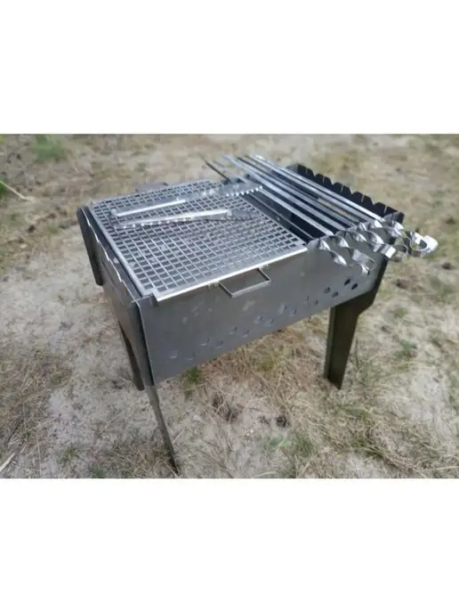 Мангал 2 мм с решеткой, щипцами для мяса и шампурами, 6 шт, фото 5