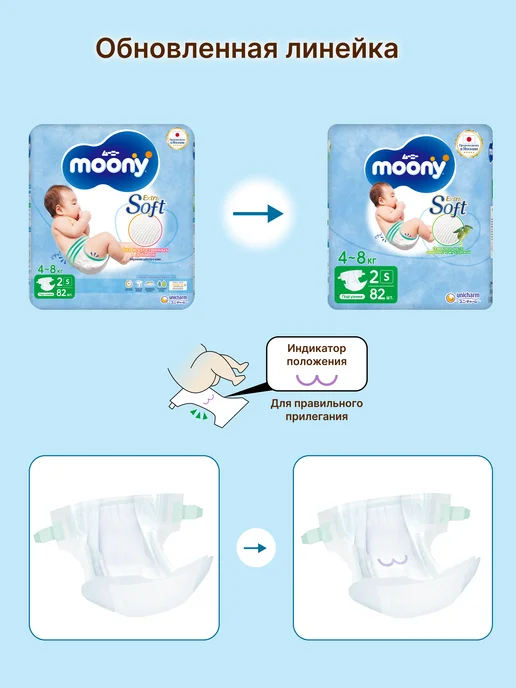 MOONY Подгузники для новорожденных Extra Soft 2размер S 4-8кг 82шт, 48 кг, 82 шт, фото 2