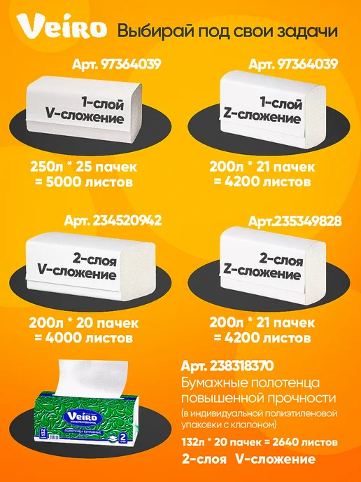 Veiro Бумажные полотенца для диспенсера, V сложение, 20шт, 21 шт, фото 8
