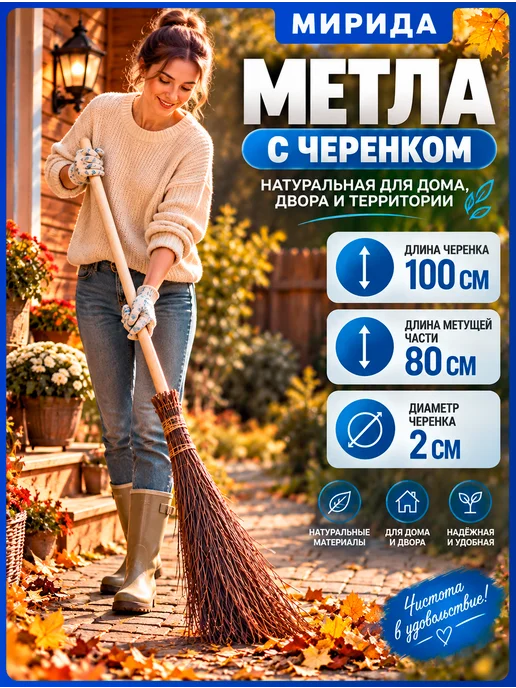MIROPTRU Метла уличная березовая настоящая с черенком, бежевый