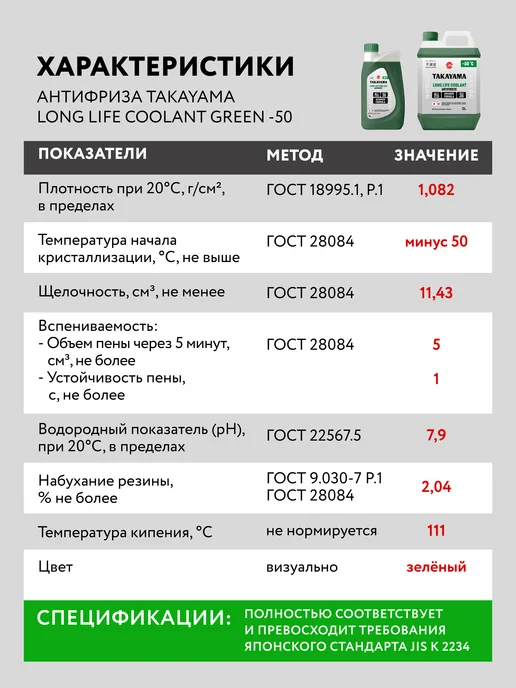 Антифриз красный TAKAYAMA LONG LIFE COOLANT,-50, 4 л, 2 л, зеленый, фото 2