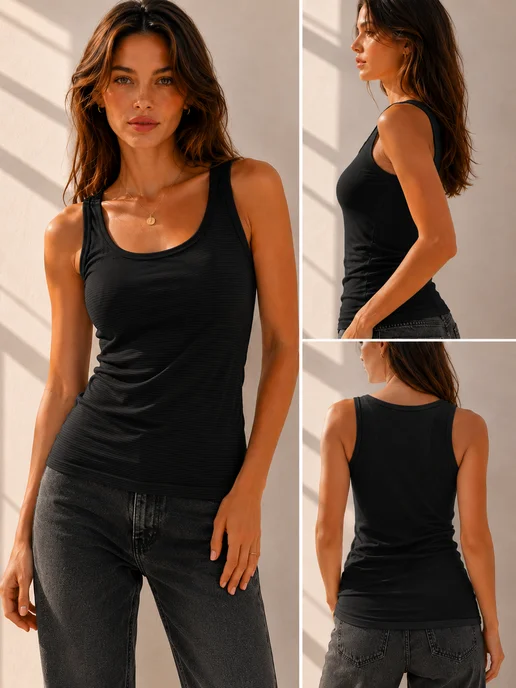 CLEVER WEAR Майка топ под рубашку на широких бретелях, черный, фото 3