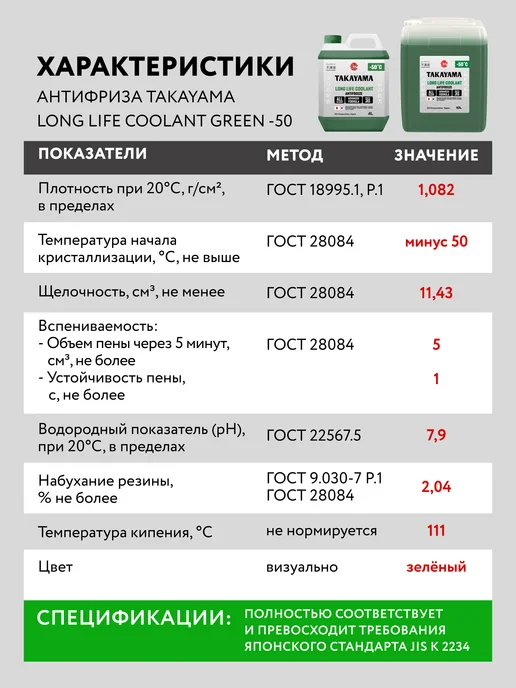 Антифриз красный TAKAYAMA LONG LIFE COOLANT,-50, 4 л, 4 л, зеленый, фото 2