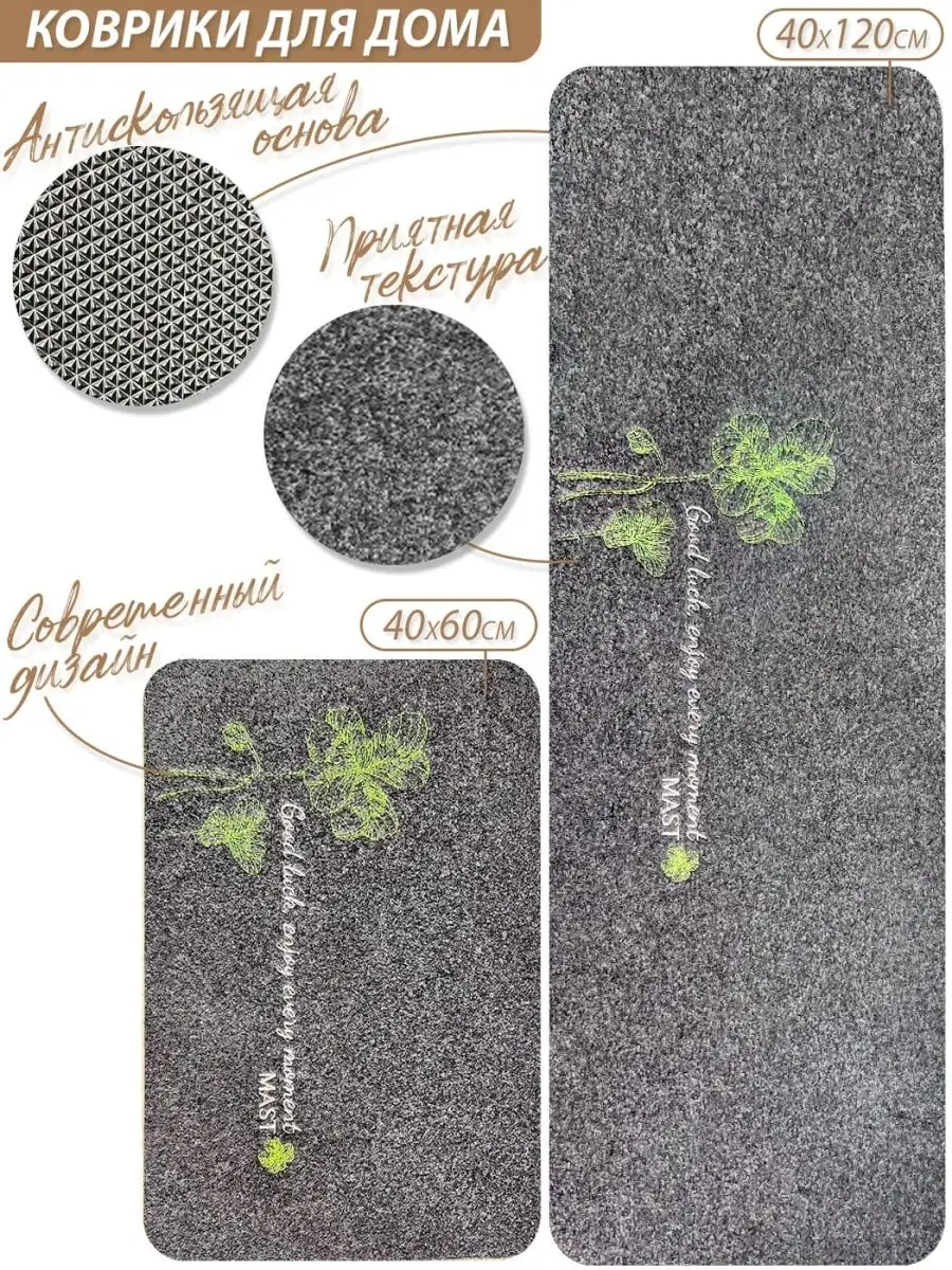Коврик на кухню для пола безворсовый темно-серый 2 штуки MAST 137844231  купить в интернет-магазине Wildberries