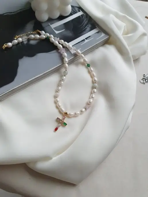 Odina Jewelry Колье на шею из камней с крестом,колье жемчуг,чокер жемчуг, голубой, фото 2