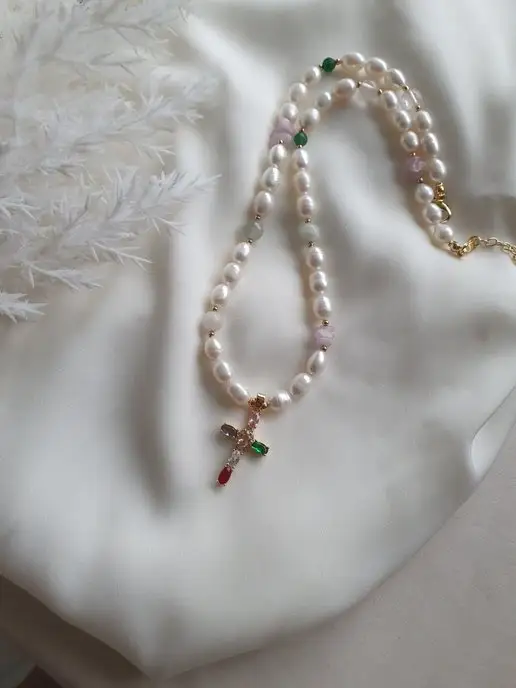 Odina Jewelry Колье на шею из камней с крестом,колье жемчуг,чокер жемчуг, голубой, фото 3