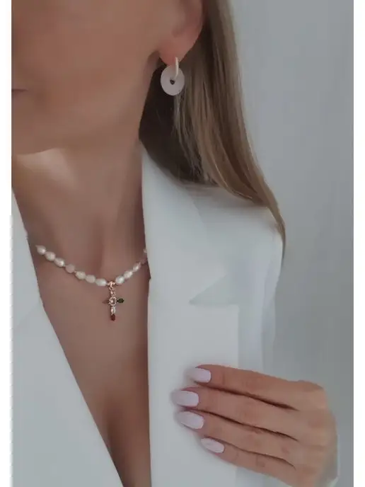 Odina Jewelry Колье на шею из камней с крестом,колье жемчуг,чокер жемчуг, голубой, фото 5
