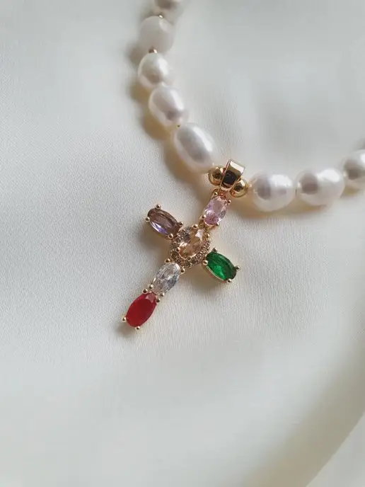 Odina Jewelry Колье на шею из камней с крестом,колье жемчуг,чокер жемчуг, голубой, фото 6