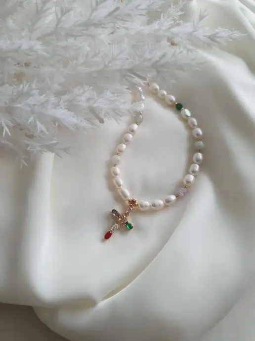 Odina Jewelry Колье на шею из камней с крестом,колье жемчуг,чокер жемчуг, голубой, фото 7