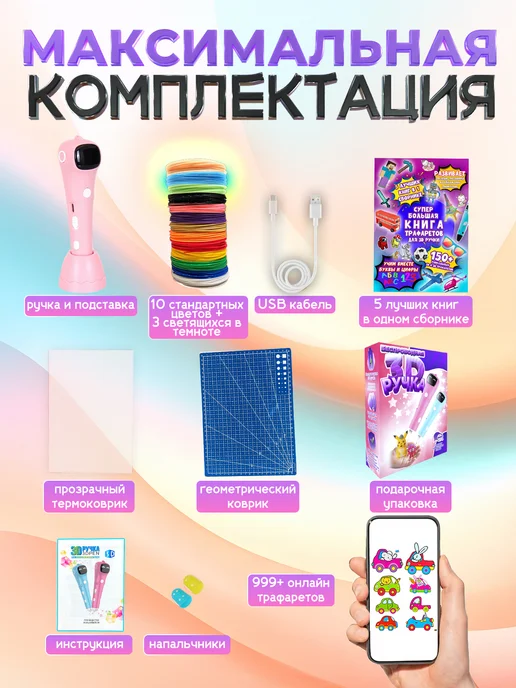 3D PEN PRO 3Д ручка беспроводная с набором пластика и трафаретами, 3Д, фото 2