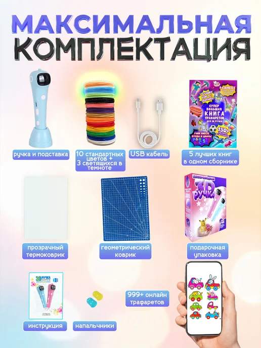 3D PEN PRO 3Д ручка беспроводная с набором пластика и трафаретами, вариант, фото 2