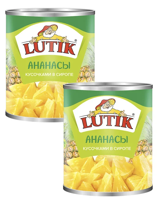 LUTIK Ананас кусочки в сиропе, 850 мл, 580 мл, 2 шт