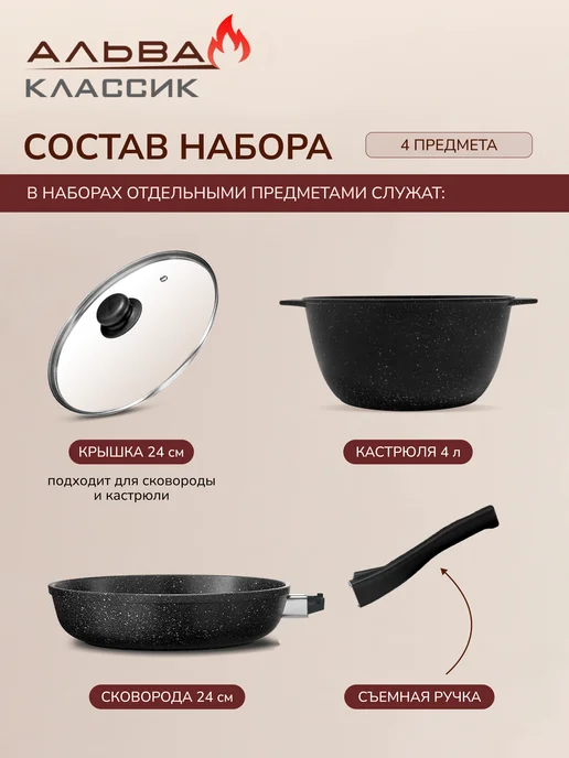 Альва Набор посуды для приготовления кастрюля жаровня и сковорода, черный, фото 5
