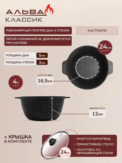 Альва Набор посуды для приготовления кастрюля жаровня и сковорода, черный, фото 6