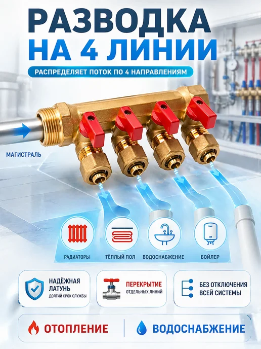 TIM Коллектор 3 4"-4 выхода 1 2"-16цанга, синий, фото 3