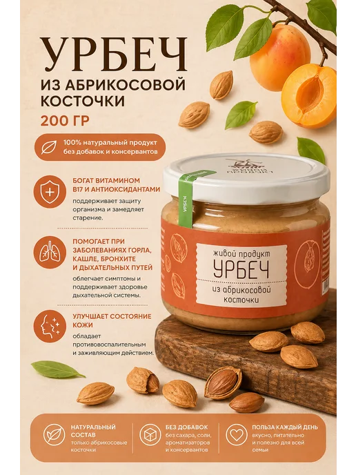 Живой продукт Натуральная паста из абрикосовых косточек Урбеч 200 гр, 200 г