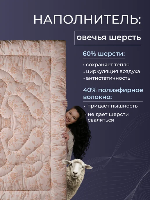 РЕНОМЕ Зимнее одеяло Евро 200х220 Овечья шерсть, 200x220, фото 5