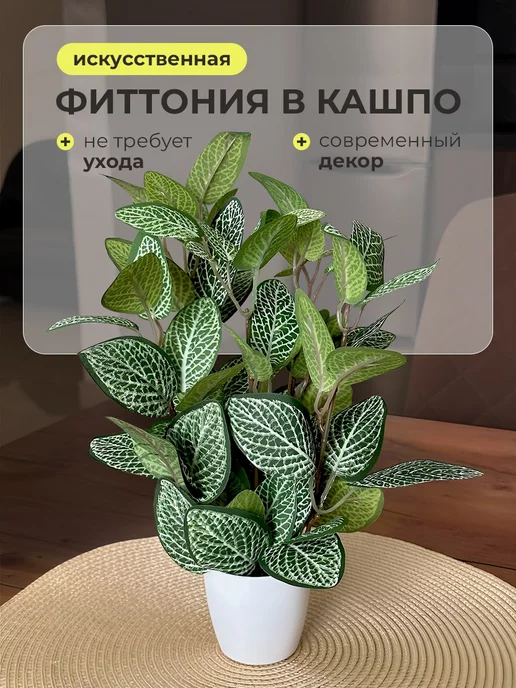GreenHol Искусственное растение Фиттония в горшке для декора, зеленый